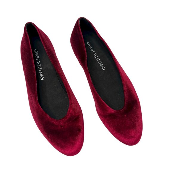 Stuart Weitzman Ruby Red Velvet Round Toe Leather Sole Flats Size 38 - Picture 1 of 9